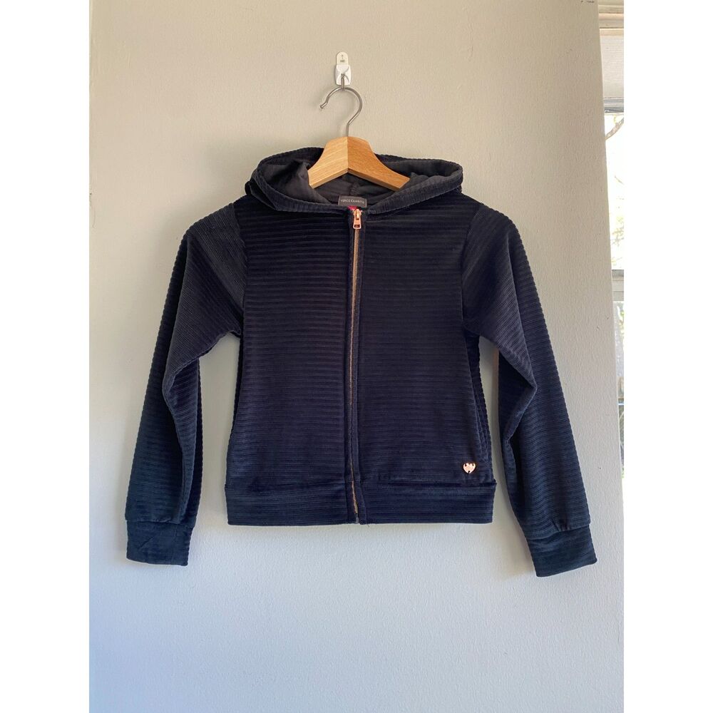 Vince Camuto Black Velour Ribbed Zip Up Hoodie Jacket Kids Size 7